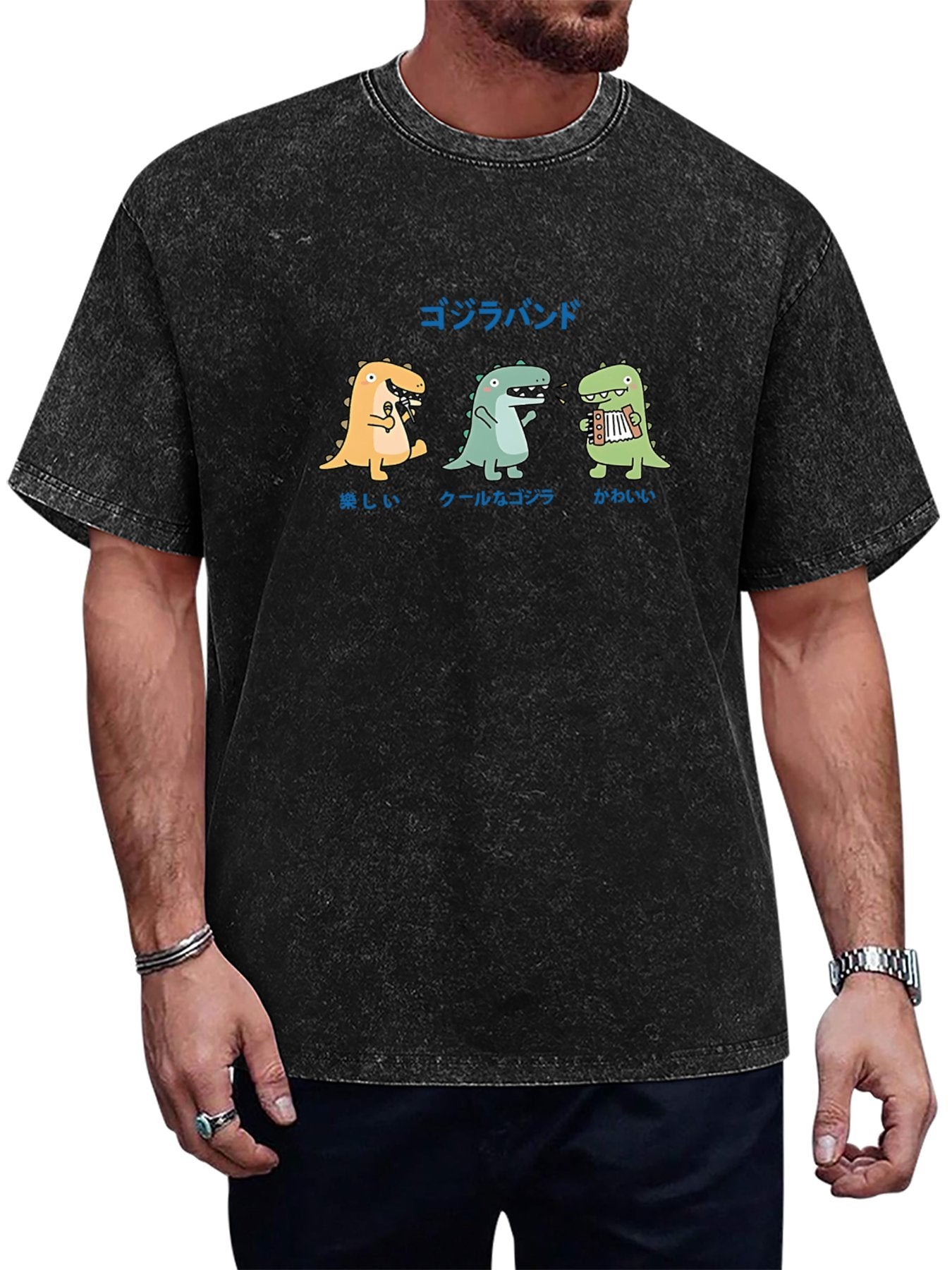 Cartoon Dinosaur Band Graphic Washed T-Shirt