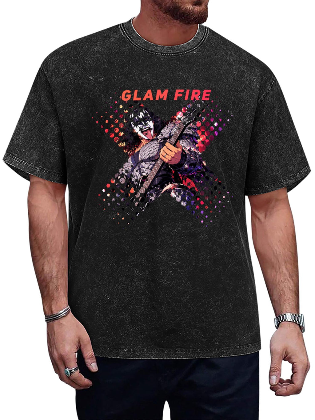 Vintage Washed Glam Fire Guitarist Graphic T-Shirt