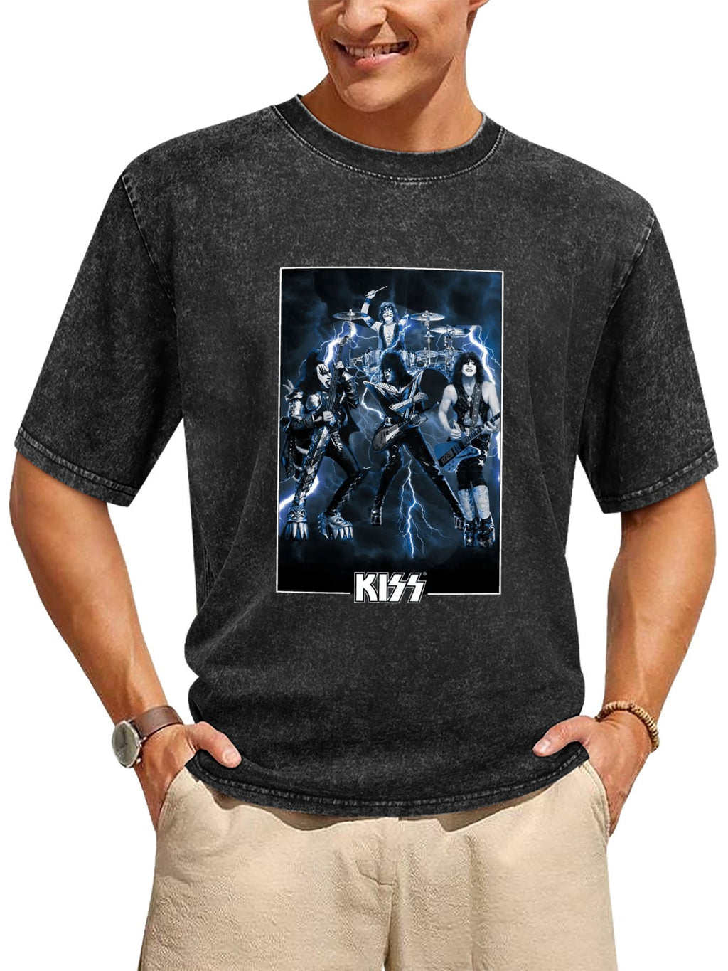 Vintage Washed KISS Lightning Band Performance Graphic T-Shirt