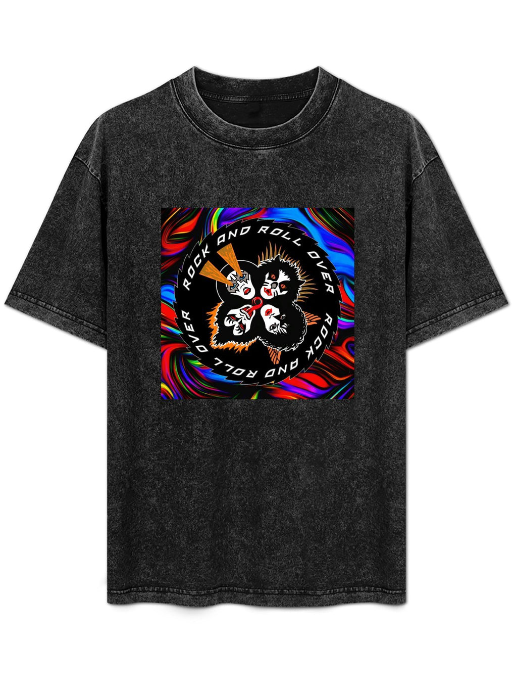 Vintage Washed KISS Rock and Roll Over Psychedelic Graphic T-Shirt