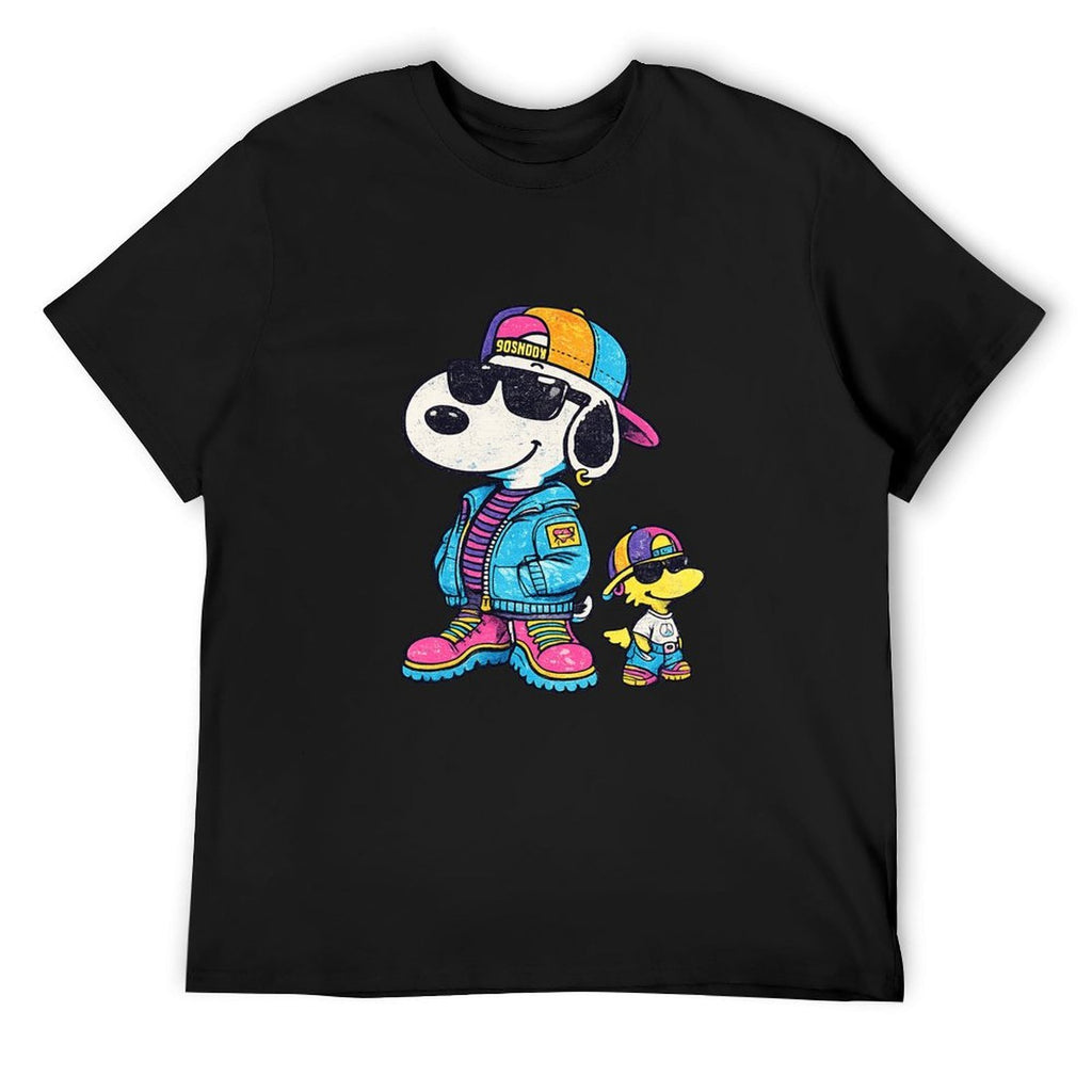 Cool Cartoon Dog and Bird Graphic Black T-Shirt