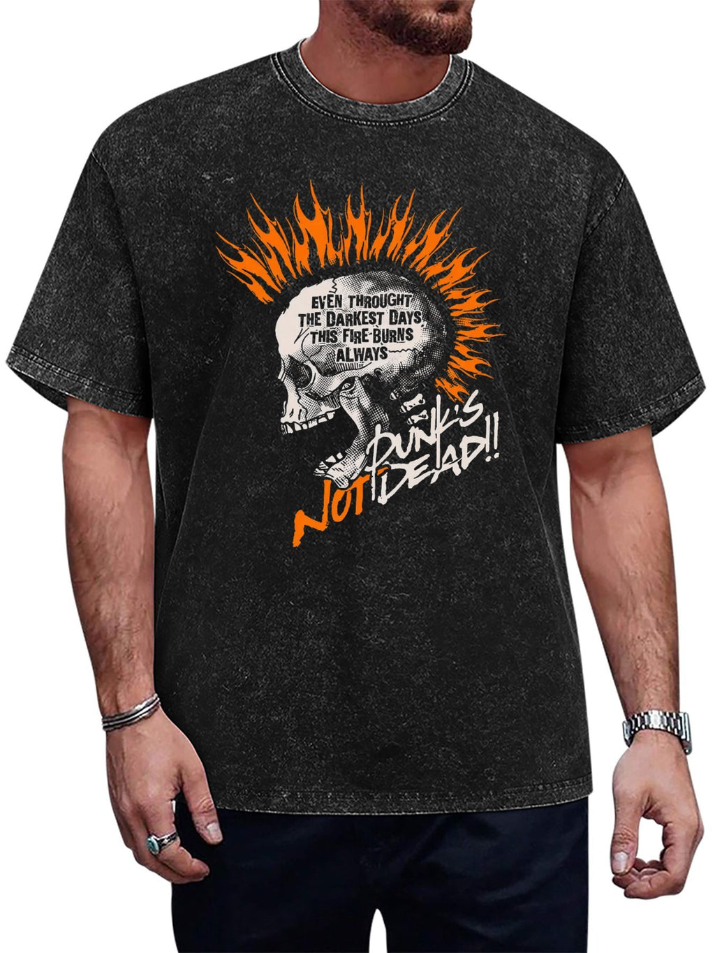 Vintage Washed Punk Skull Flame Graphic T-Shirt
