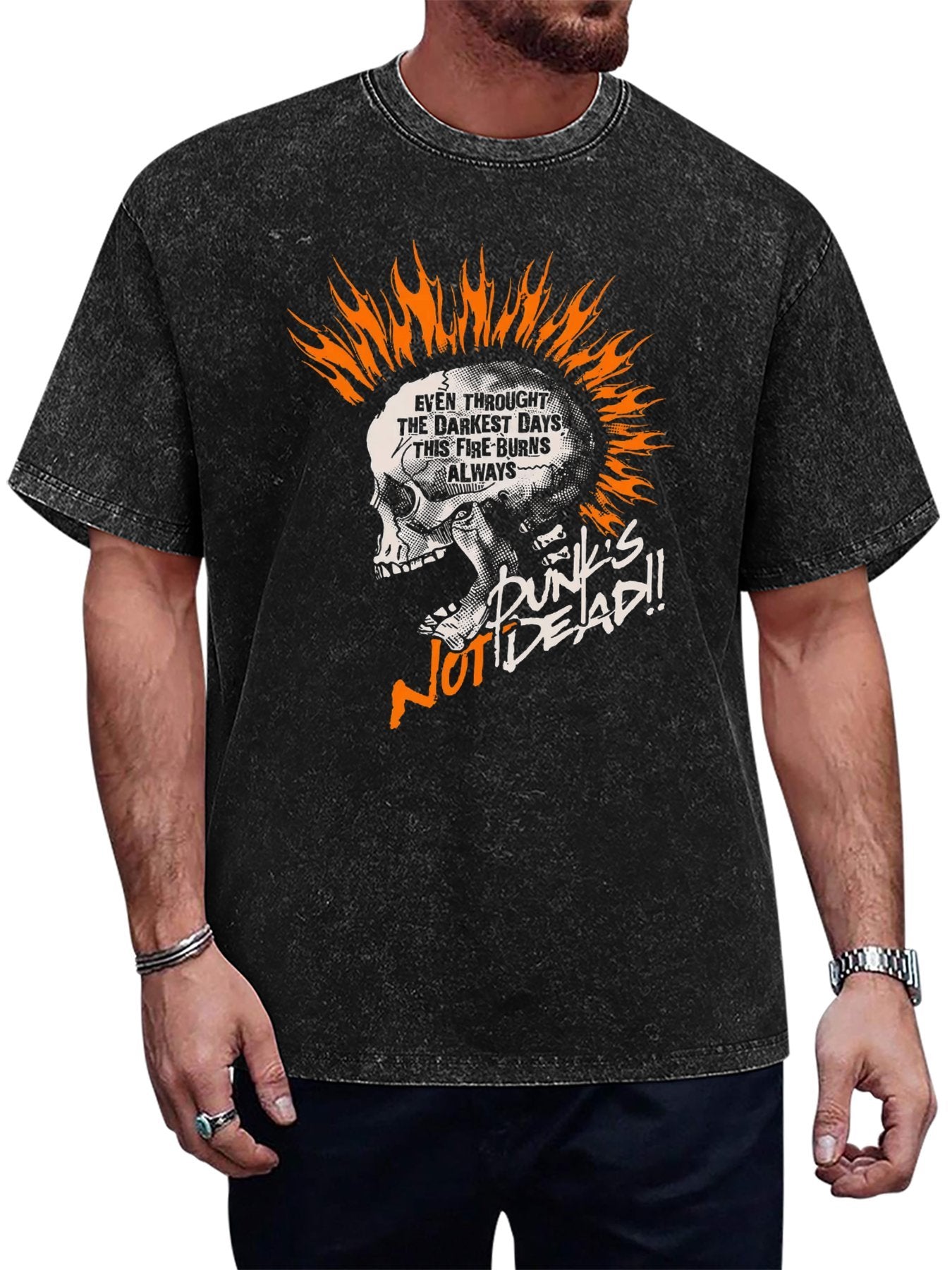 Vintage Washed Punk Skull Flame Graphic T-Shirt