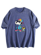 Cool Cartoon Dog Duo Graphic Washed T-Shirt