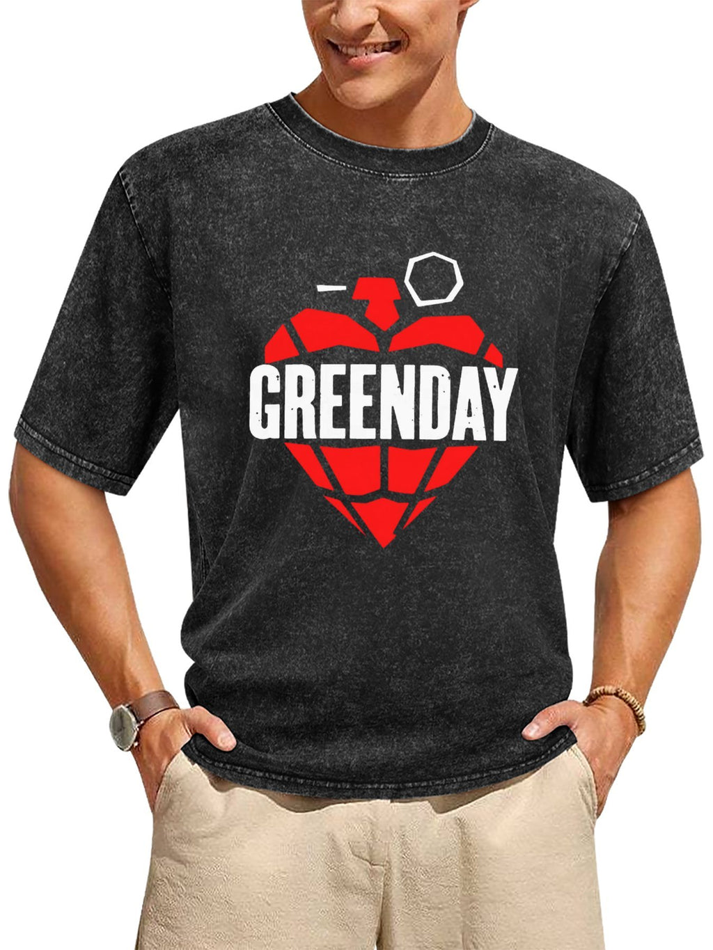 Vintage Washed Green Day Heart Grenade Graphic T-Shirt