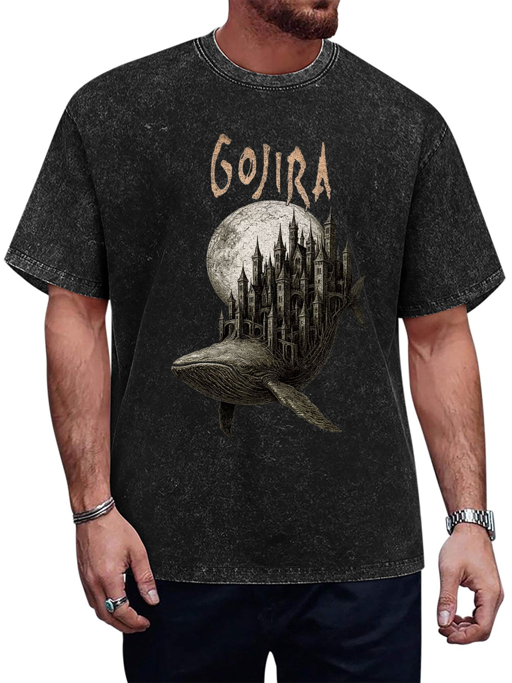 Vintage Washed Gojira Whale Castle Graphic T-Shirt
