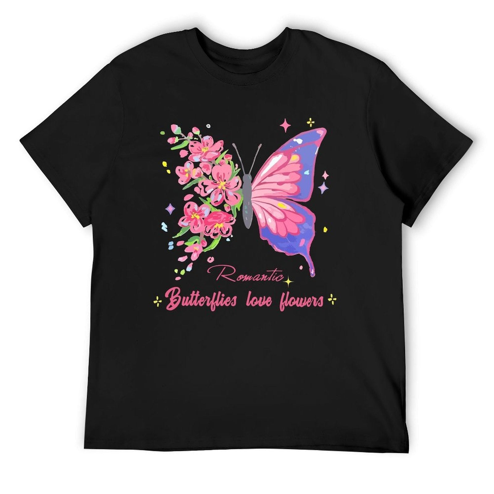 Romantic Butterfly and Flowers Graphic Black T-Shirt Main image