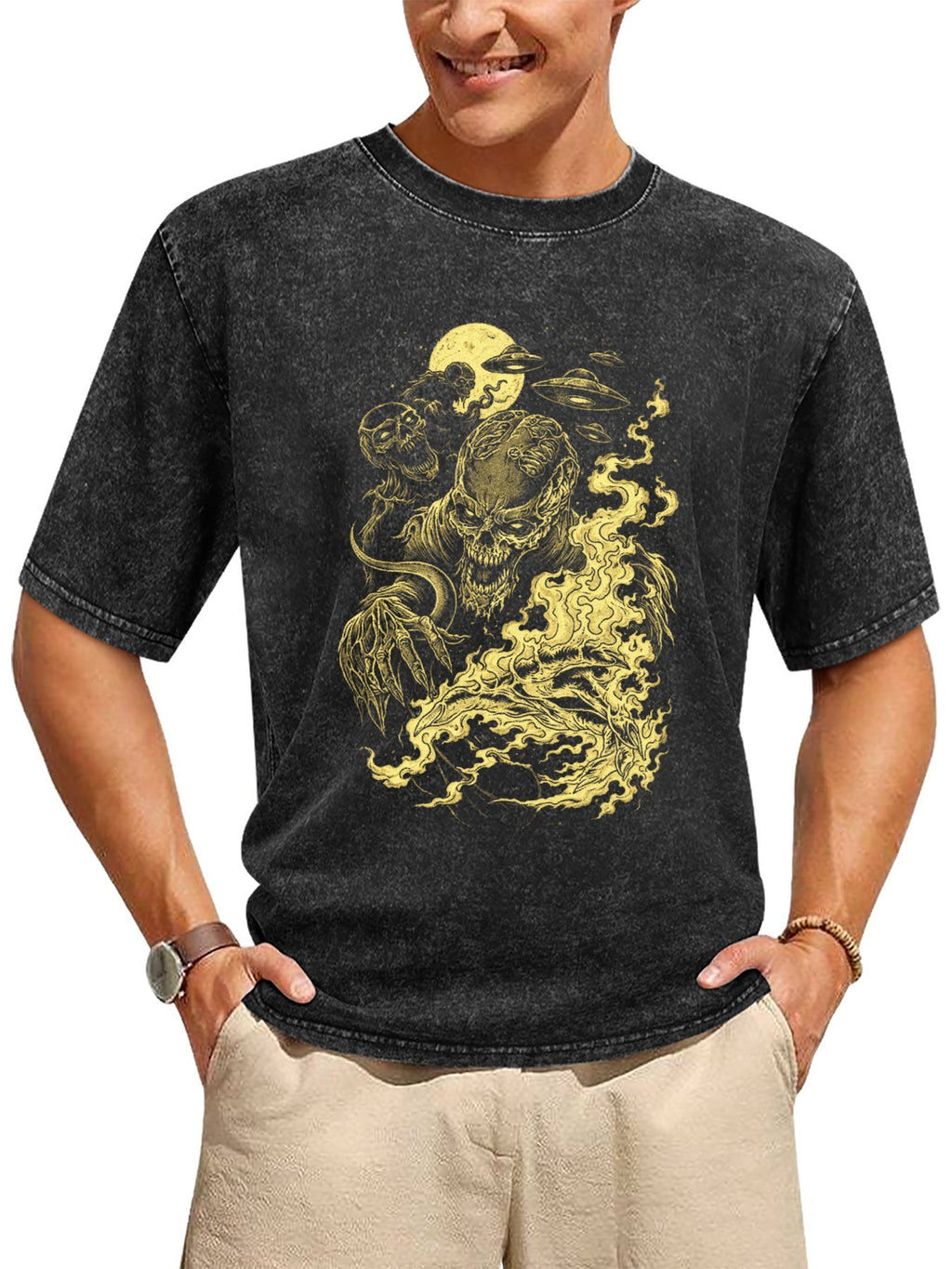 Vintage Washed Alien Skull Flame Graphic T-Shirt