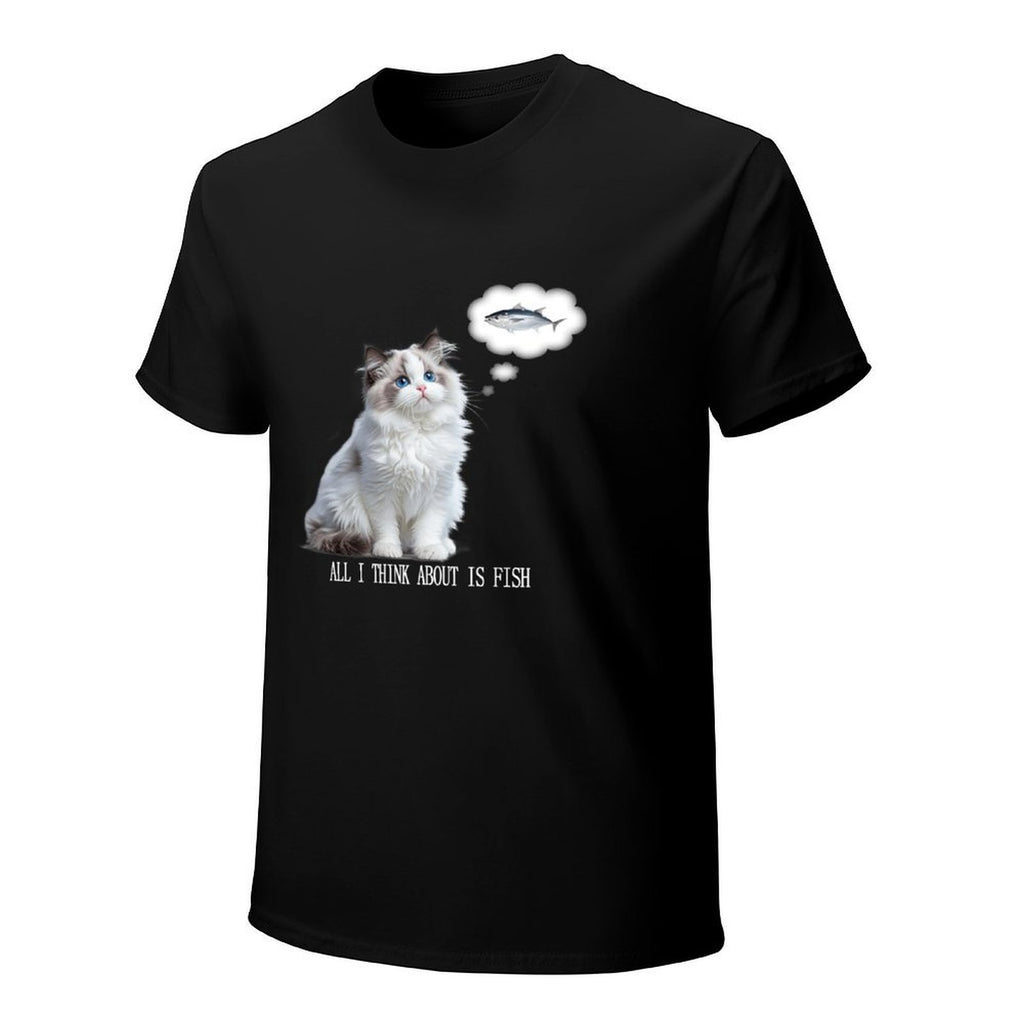 All I Think About Is Fish Cat Graphic Black T-Shirt