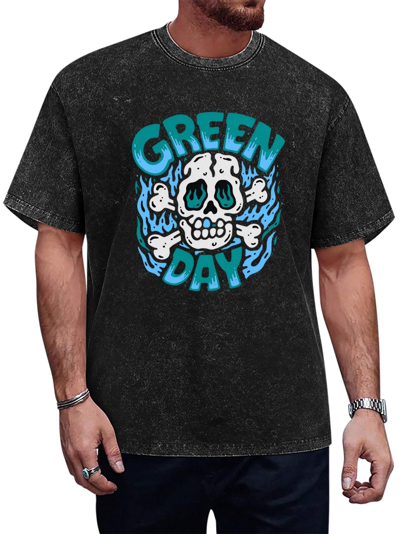 Green Day Blue Flame Skull Graphic T-Shirt Main image