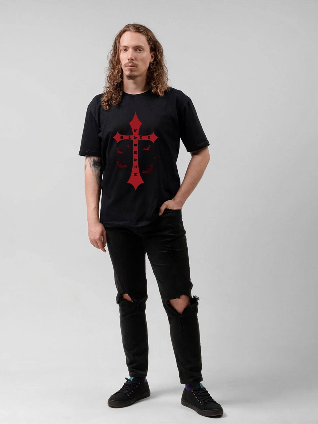 Black Sabbath Red Cross Bat Graphic T-Shirt