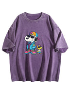 Cool Cartoon Dog Duo Graphic Washed T-Shirt