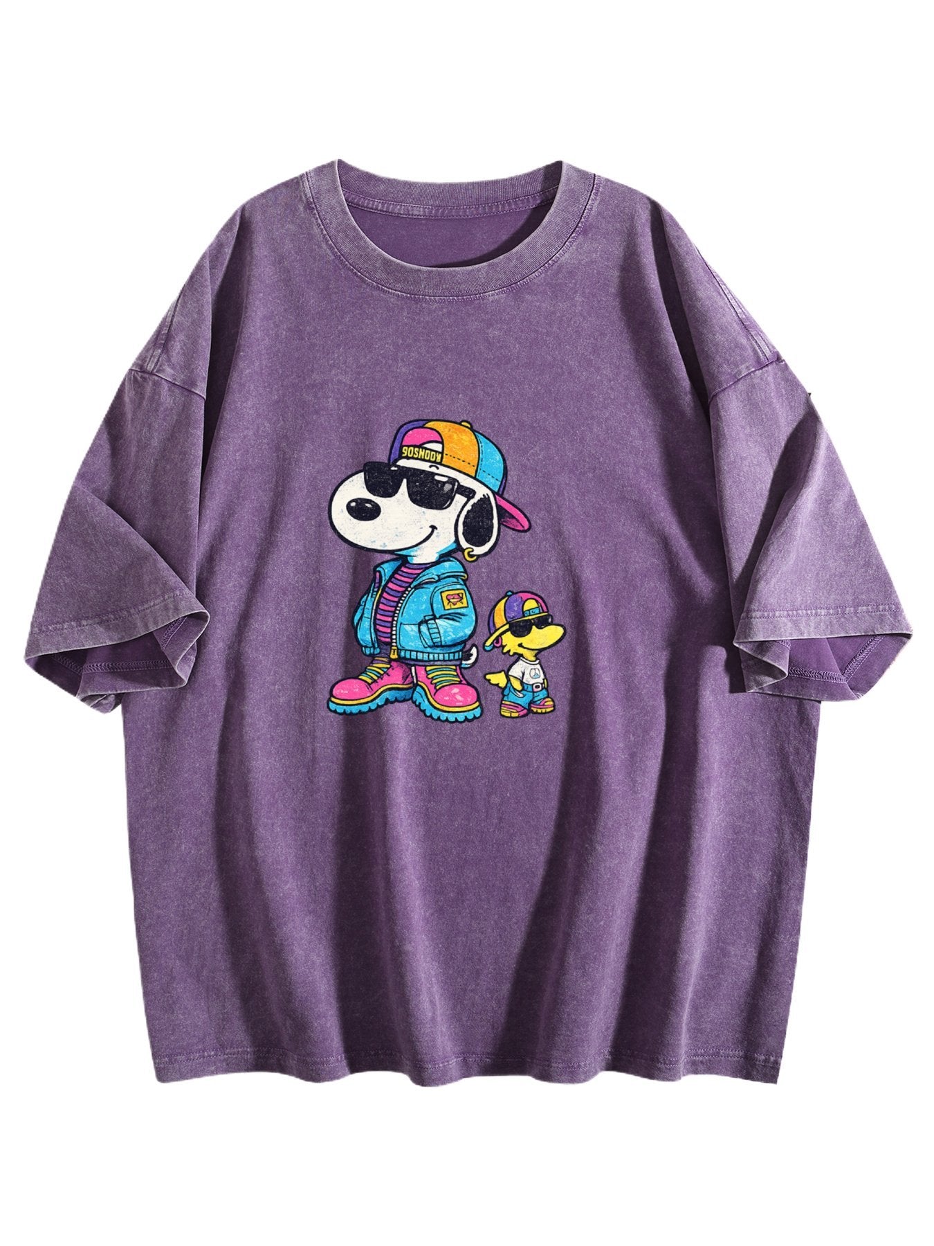 Cool Cartoon Dog Duo Graphic Washed T-Shirt