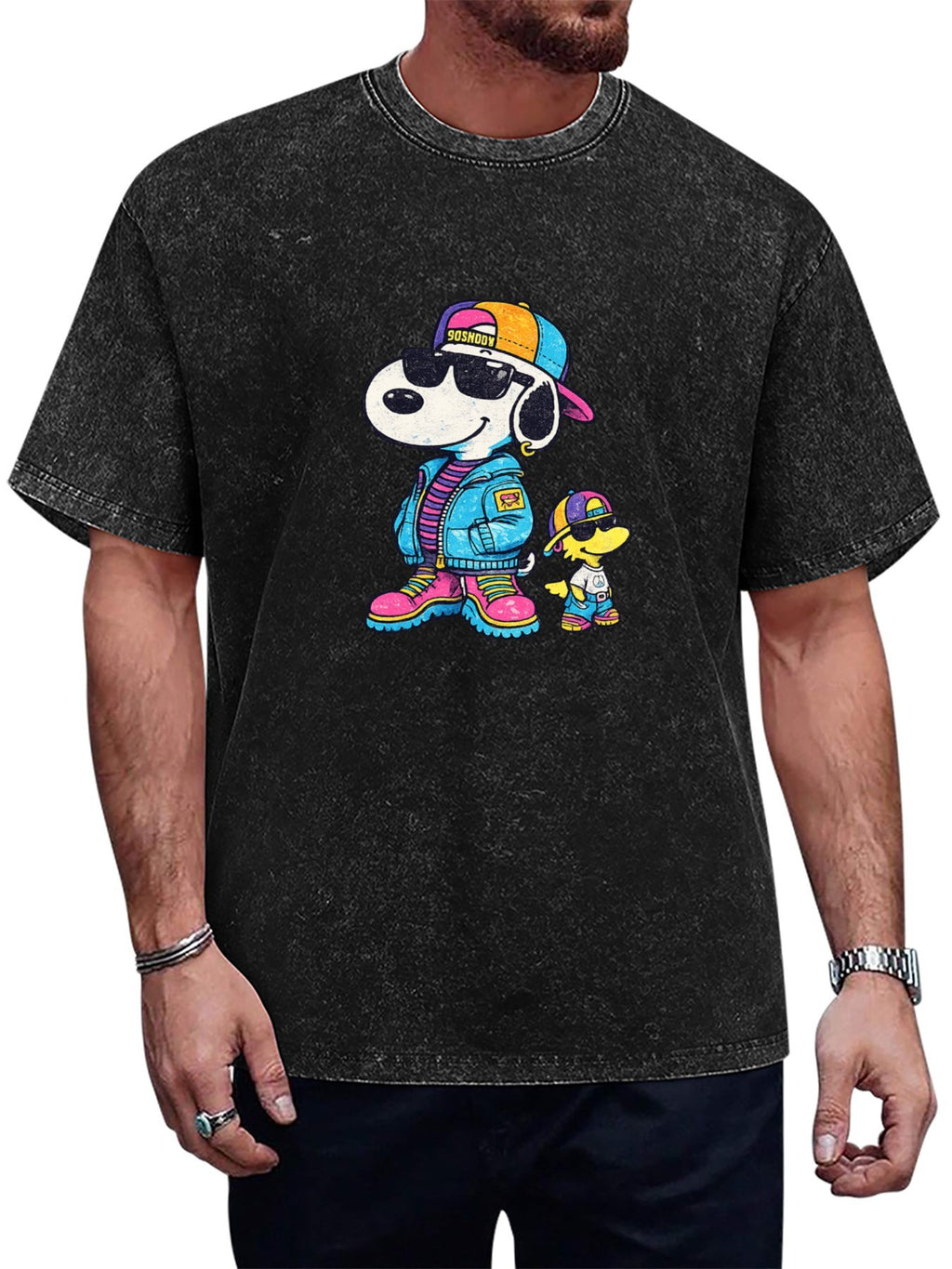 Cool Cartoon Dog Duo Graphic Washed T-Shirt