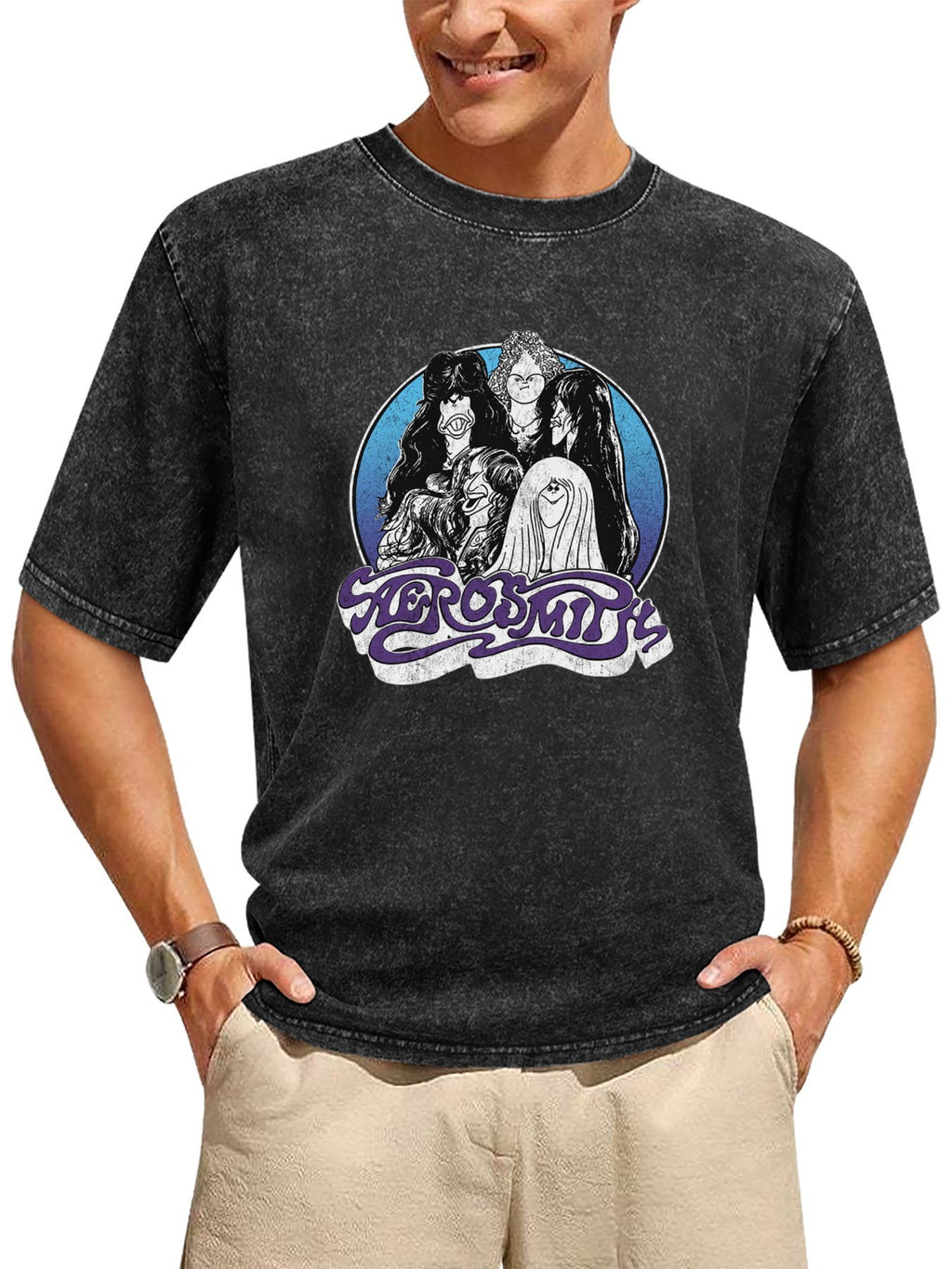 Aerosmith Cartoon Band Portrait Graphic T-Shirt