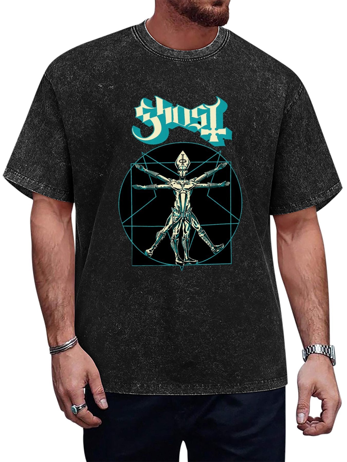Vintage Washed Ghost Mechanical Figure Graphic T-Shirt