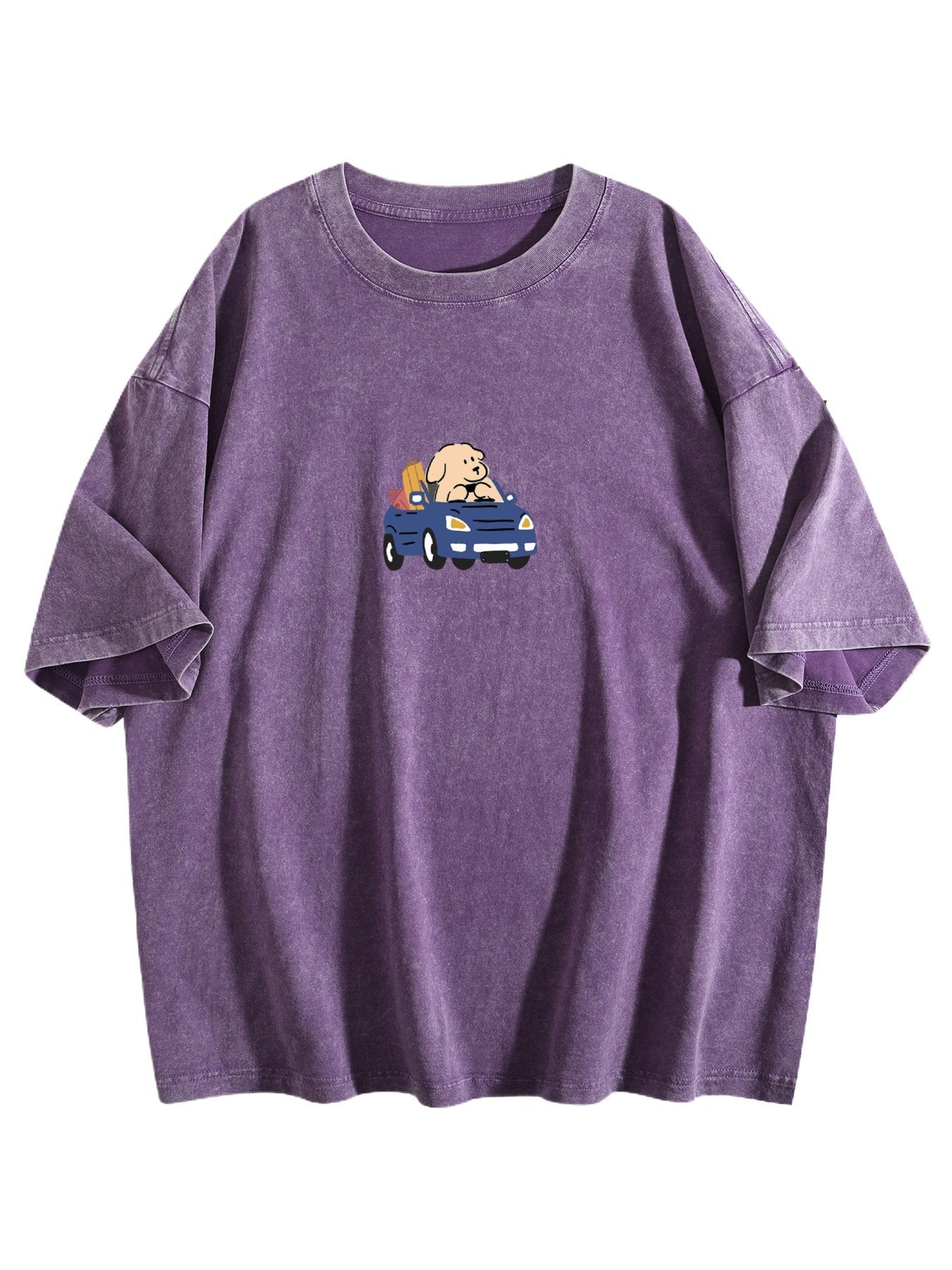 Cartoon Dog Driving Graphic Washed T-Shirt