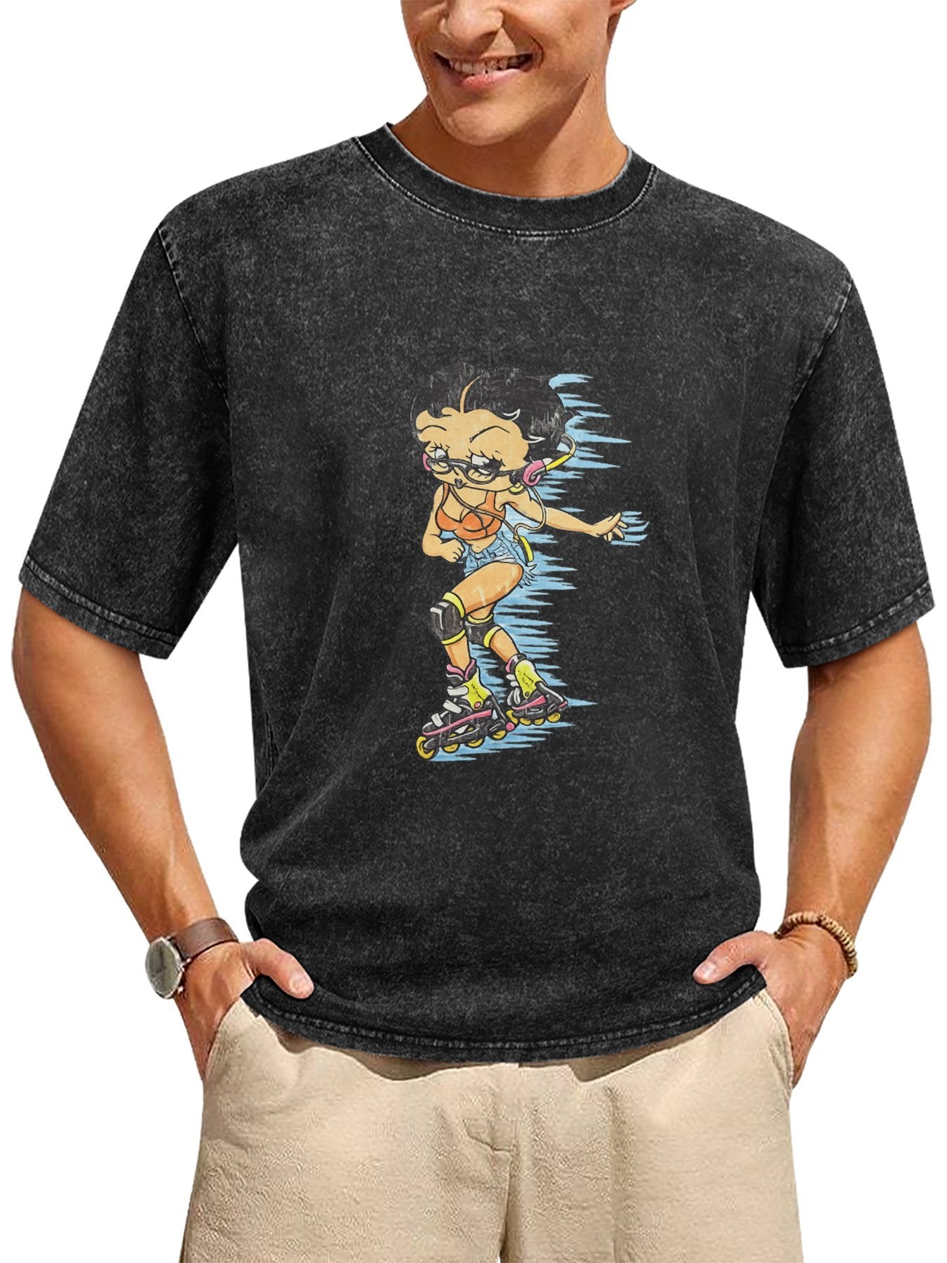 Cartoon Roller Skater Graphic Washed T-Shirt