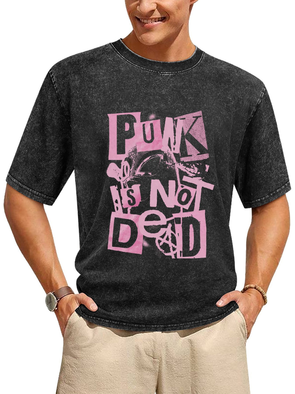 Vintage Washed Punk Is Not Dead Collage Graphic T-Shirt