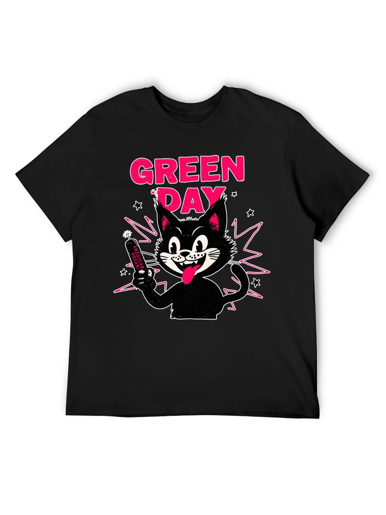 Green Day Cartoon Cat Punk Graphic T-Shirt