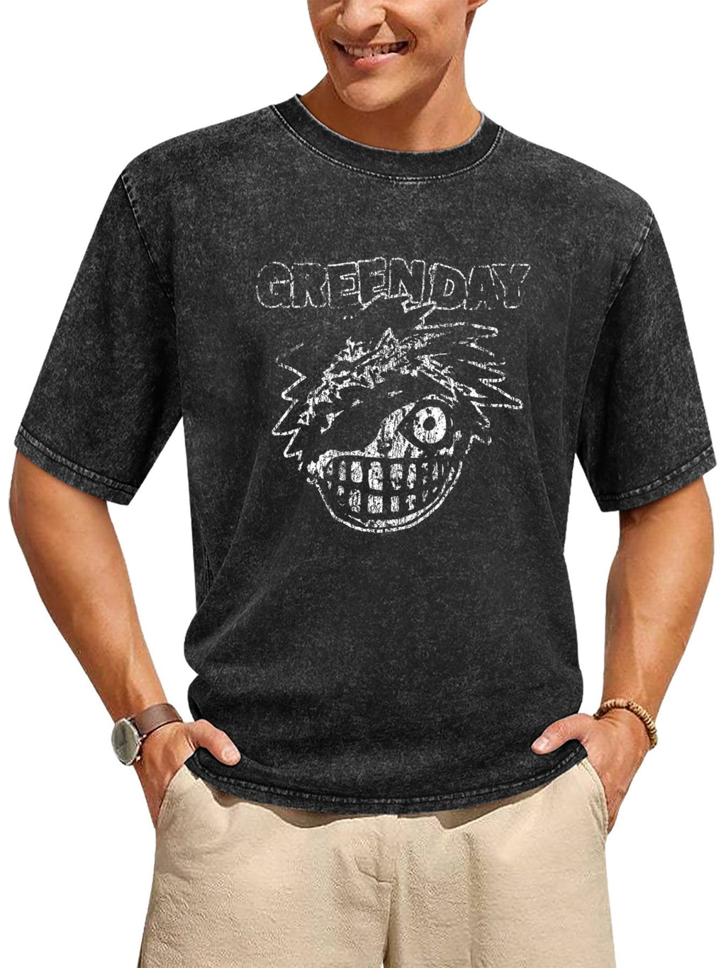 Green Day Distressed One-Eyed Face Graphic T-Shirt