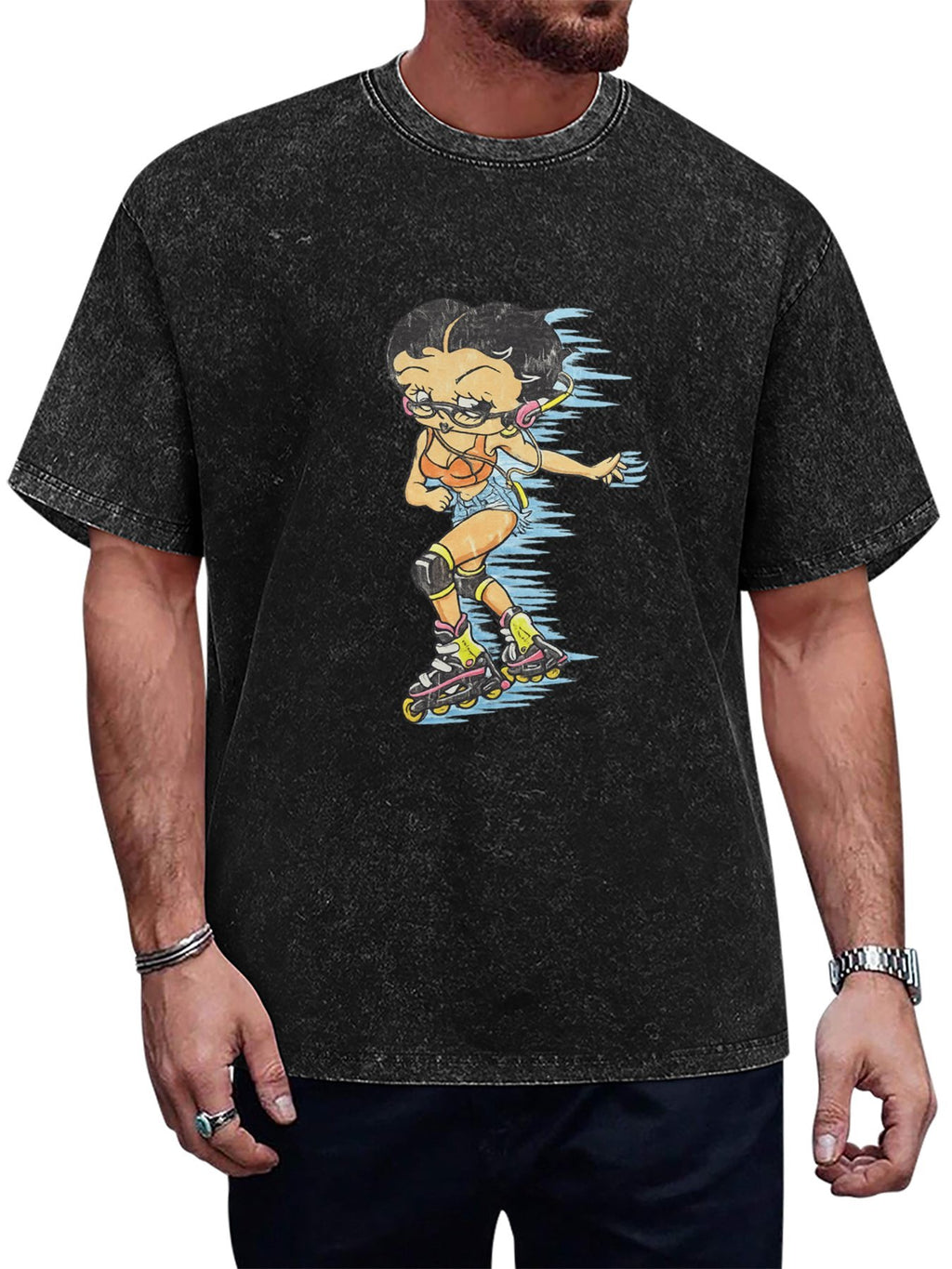 Cartoon Roller Skater Graphic Washed T-Shirt
