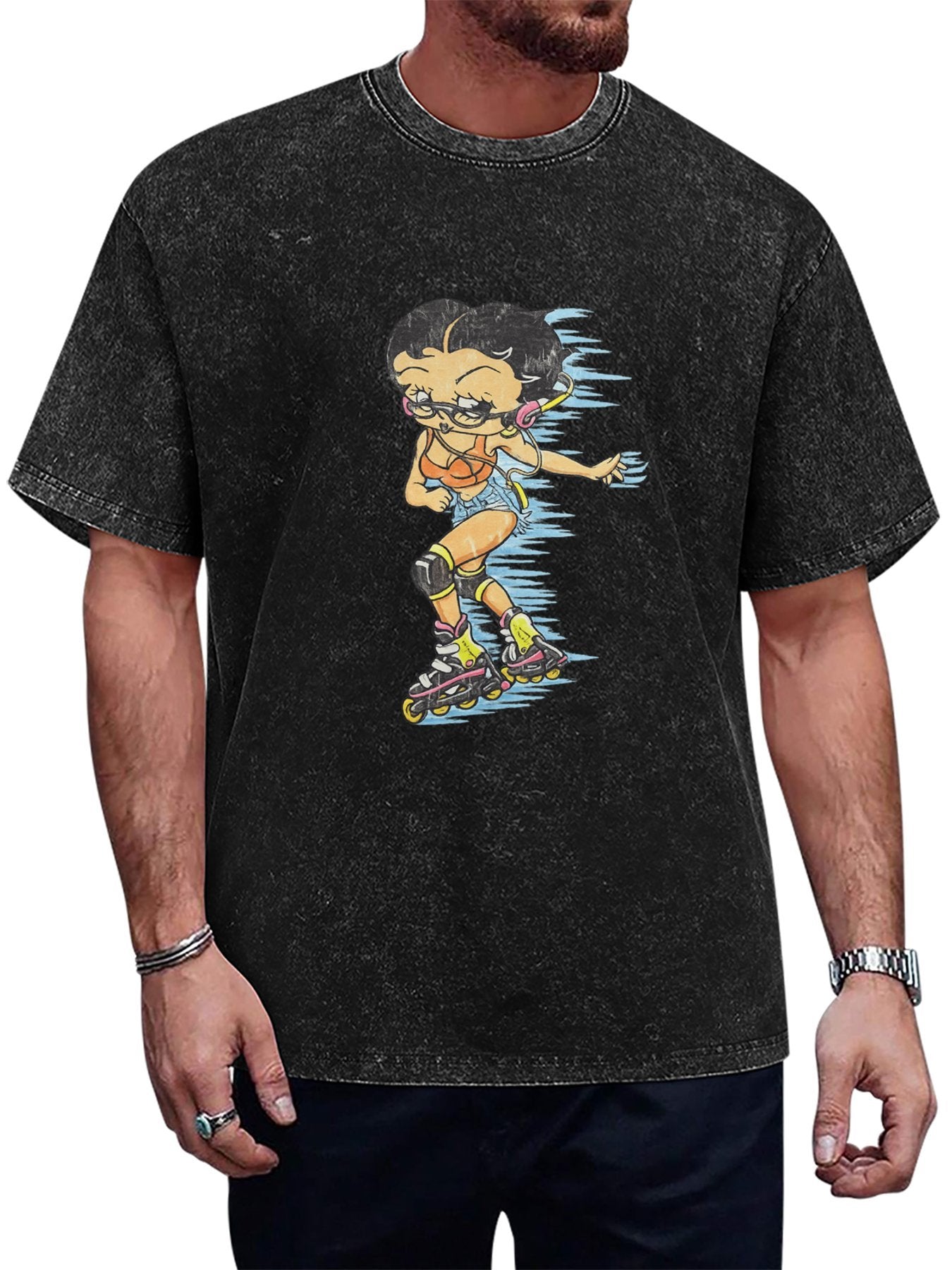 Cartoon Roller Skater Graphic Washed T-Shirt