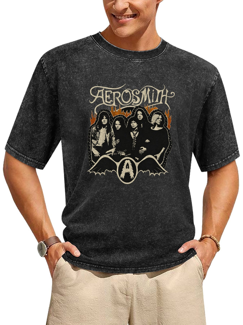 Aerosmith Vintage Band Portrait Flame Graphic T-Shirt