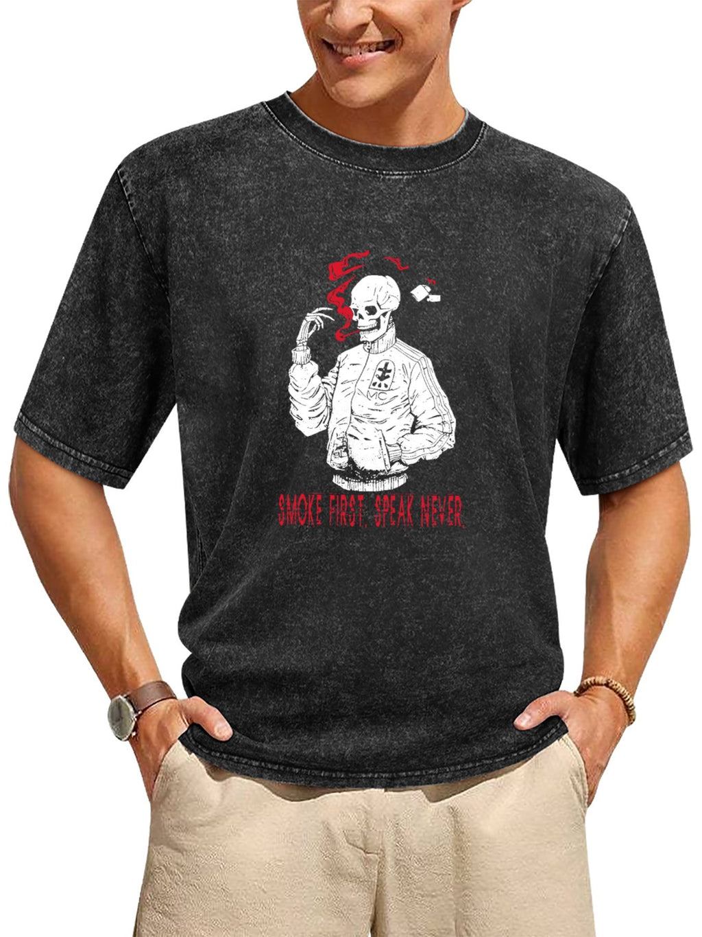Smoke First Speak Never Skull Graphic Washed T-Shirt