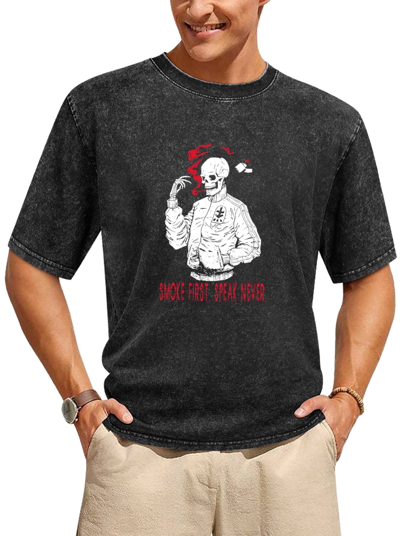 Smoke First Speak Never Skull Graphic Washed T-Shirt