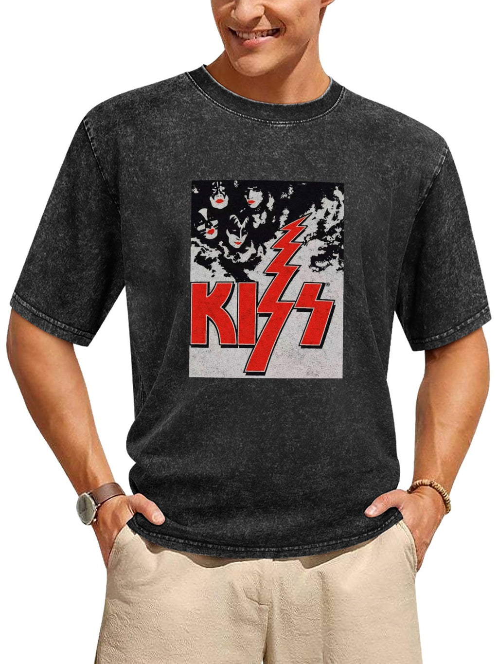 Vintage Washed KISS Classic Logo & Band Faces Graphic T-Shirt