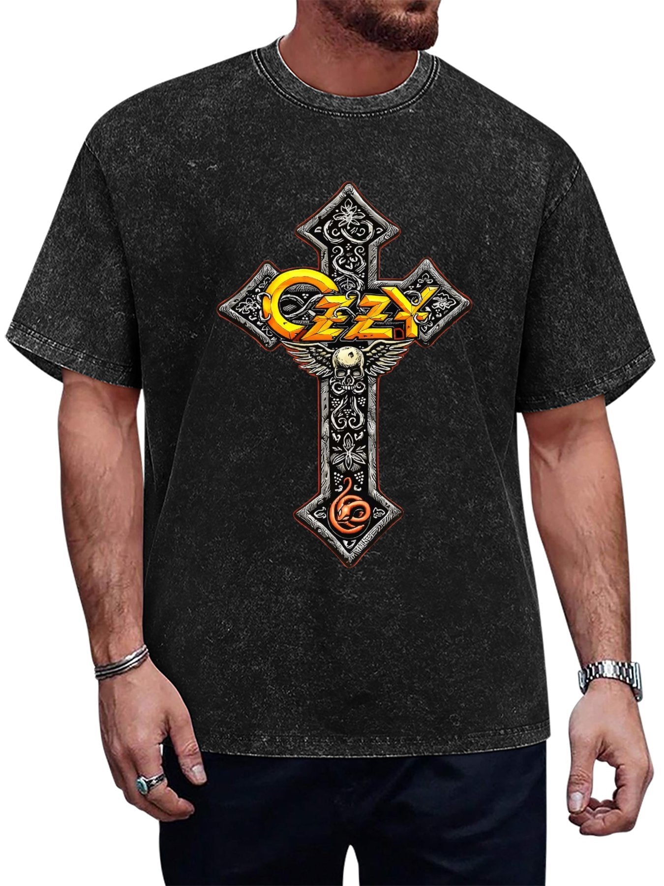 Vintage Washed Ozzy Ornate Cross Graphic T-Shirt