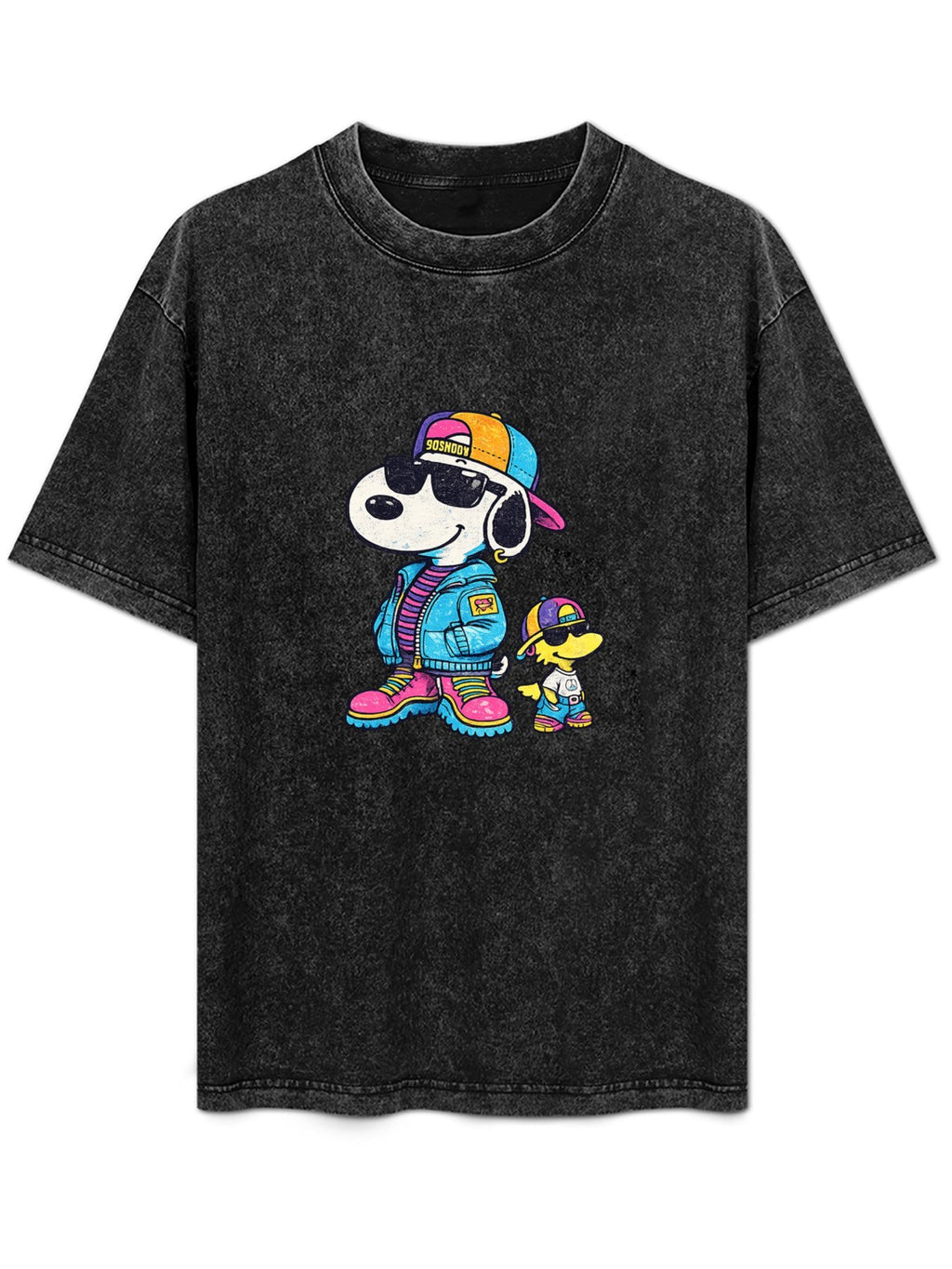 Cool Cartoon Dog Duo Graphic Washed T-Shirt