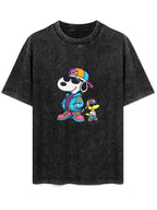 Cool Cartoon Dog Duo Graphic Washed T-Shirt