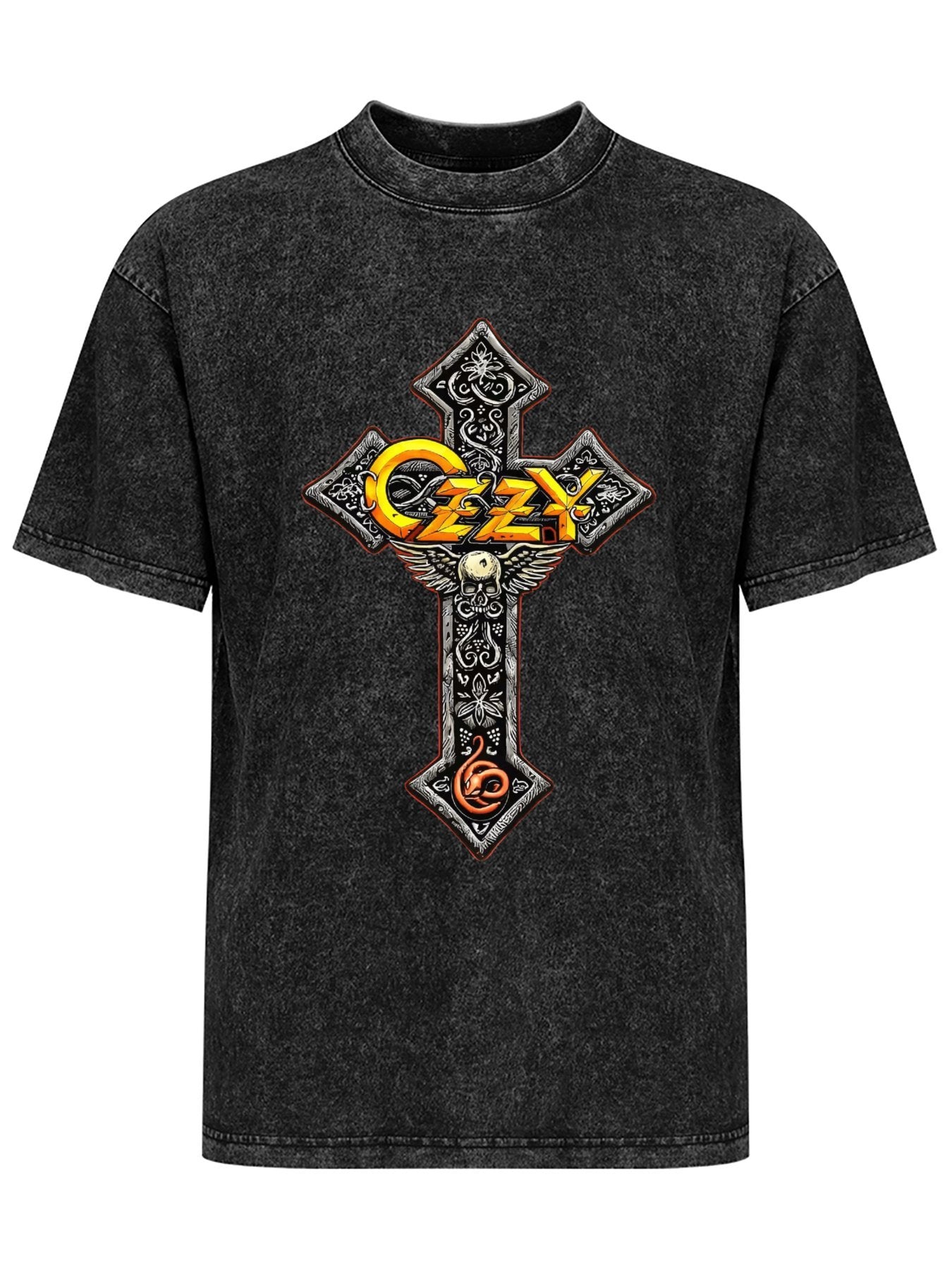 Vintage Washed Ozzy Ornate Cross Graphic T-Shirt