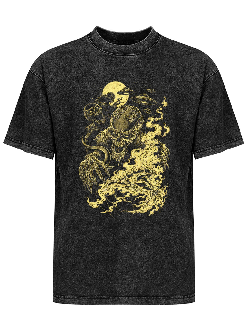 Vintage Washed Alien Skull Flame Graphic T-Shirt