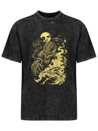 Vintage Washed Alien Skull Flame Graphic T-Shirt