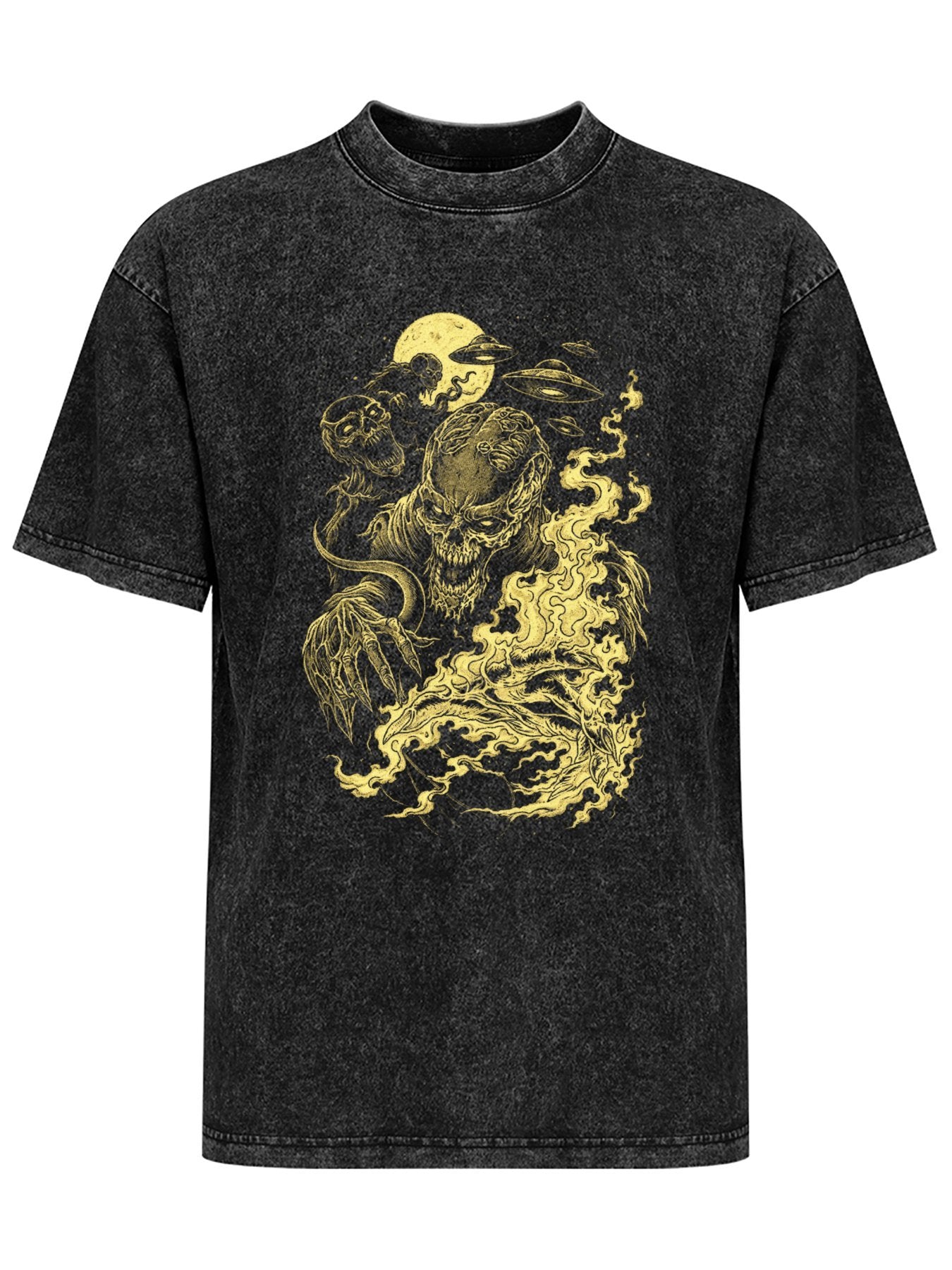 Vintage Washed Alien Skull Flame Graphic T-Shirt