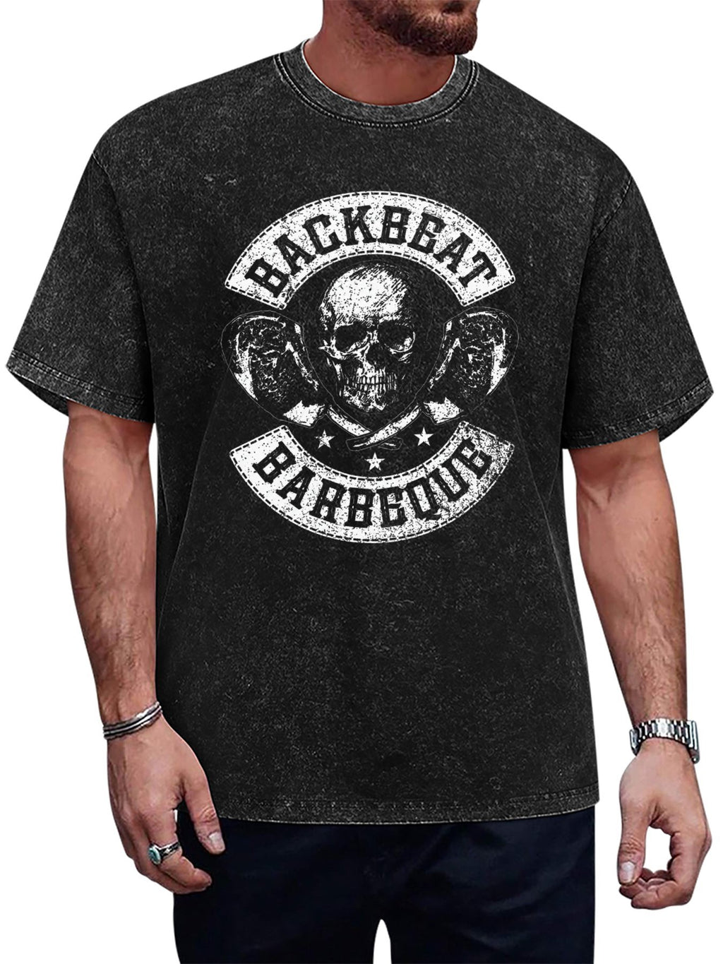 Backbeat Barbeque Skull and Crossed Steaks Graphic T-Shirt