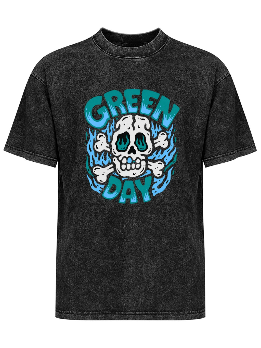 Green Day Blue Flame Skull Graphic T-Shirt