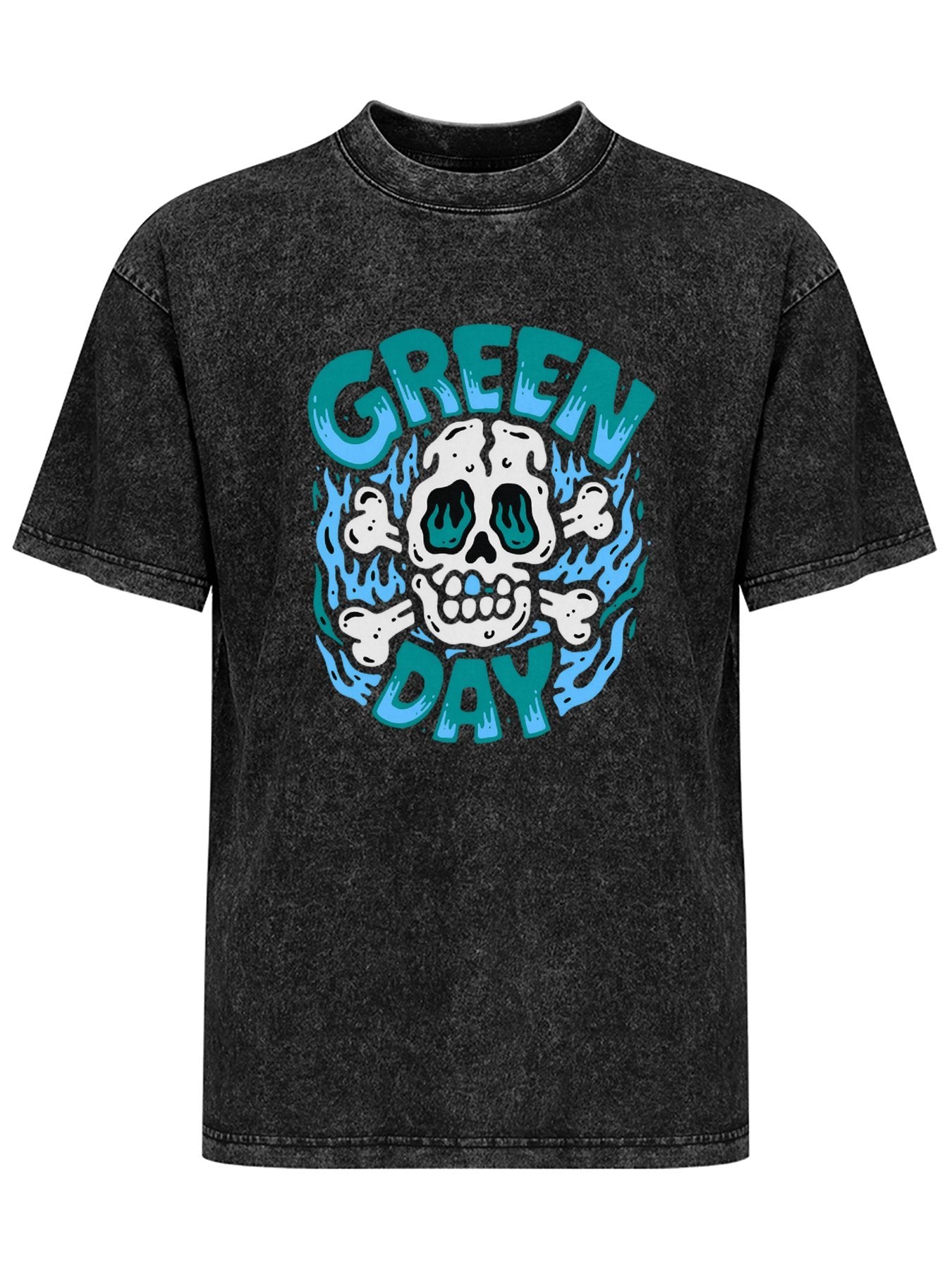Green Day Blue Flame Skull Graphic T-Shirt