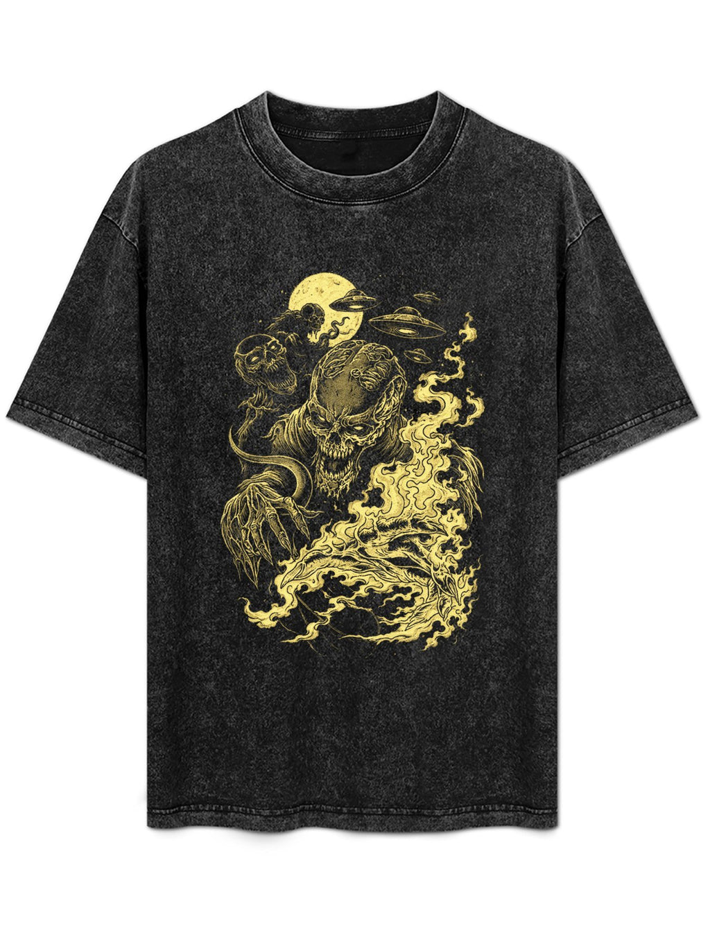 Vintage Washed Alien Skull Flame Graphic T-Shirt