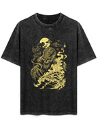 Vintage Washed Alien Skull Flame Graphic T-Shirt