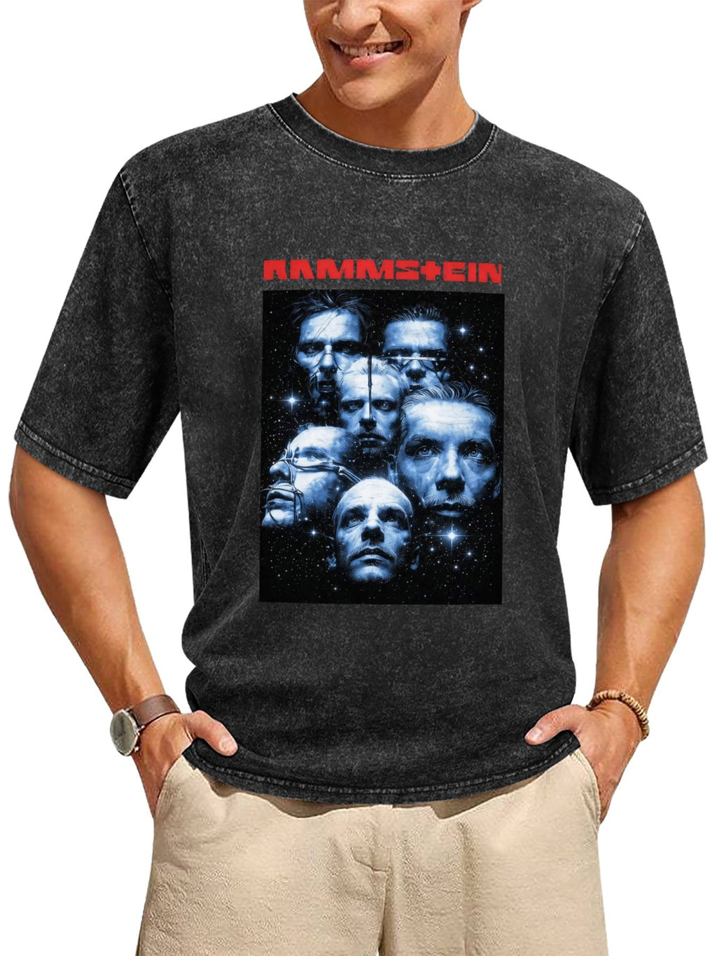 Vintage Washed Rammstein Blue Portrait Collage Graphic T-Shirt