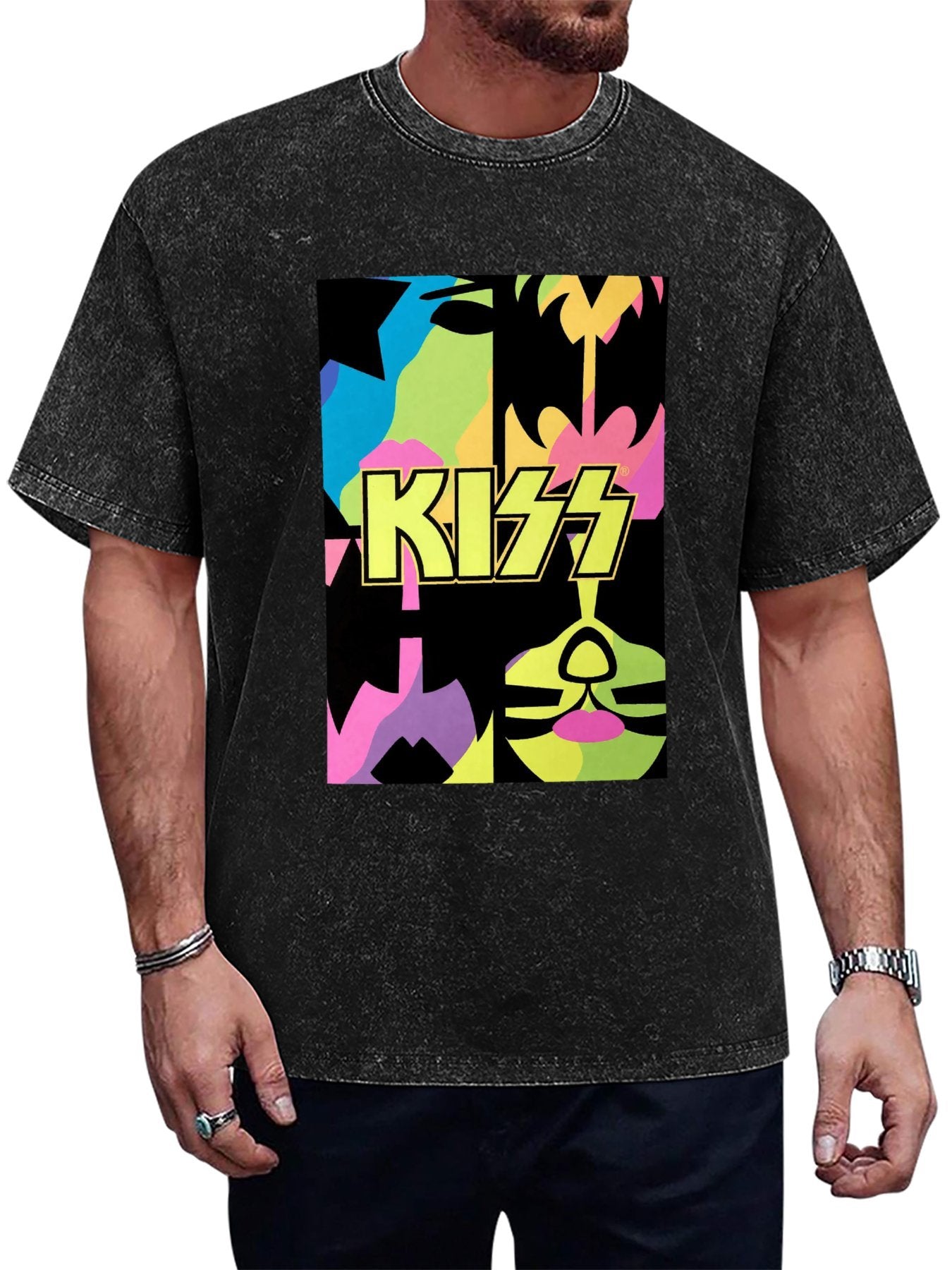 Vintage Washed KISS Color Block Faces Graphic T-Shirt Main image