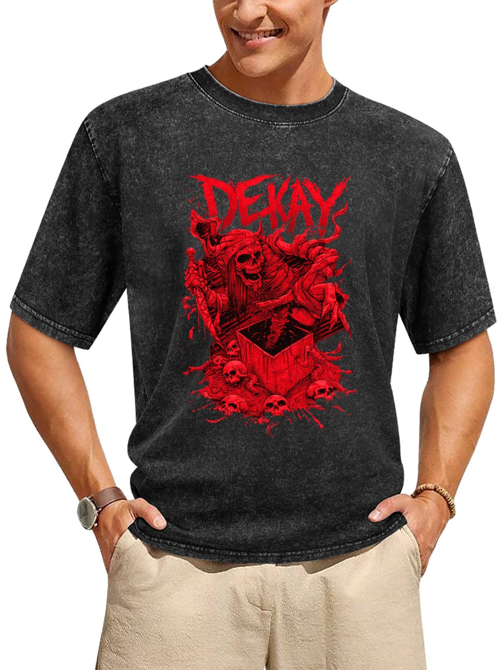Vintage Washed DEKAY Red Skeleton Graphic T-Shirt
