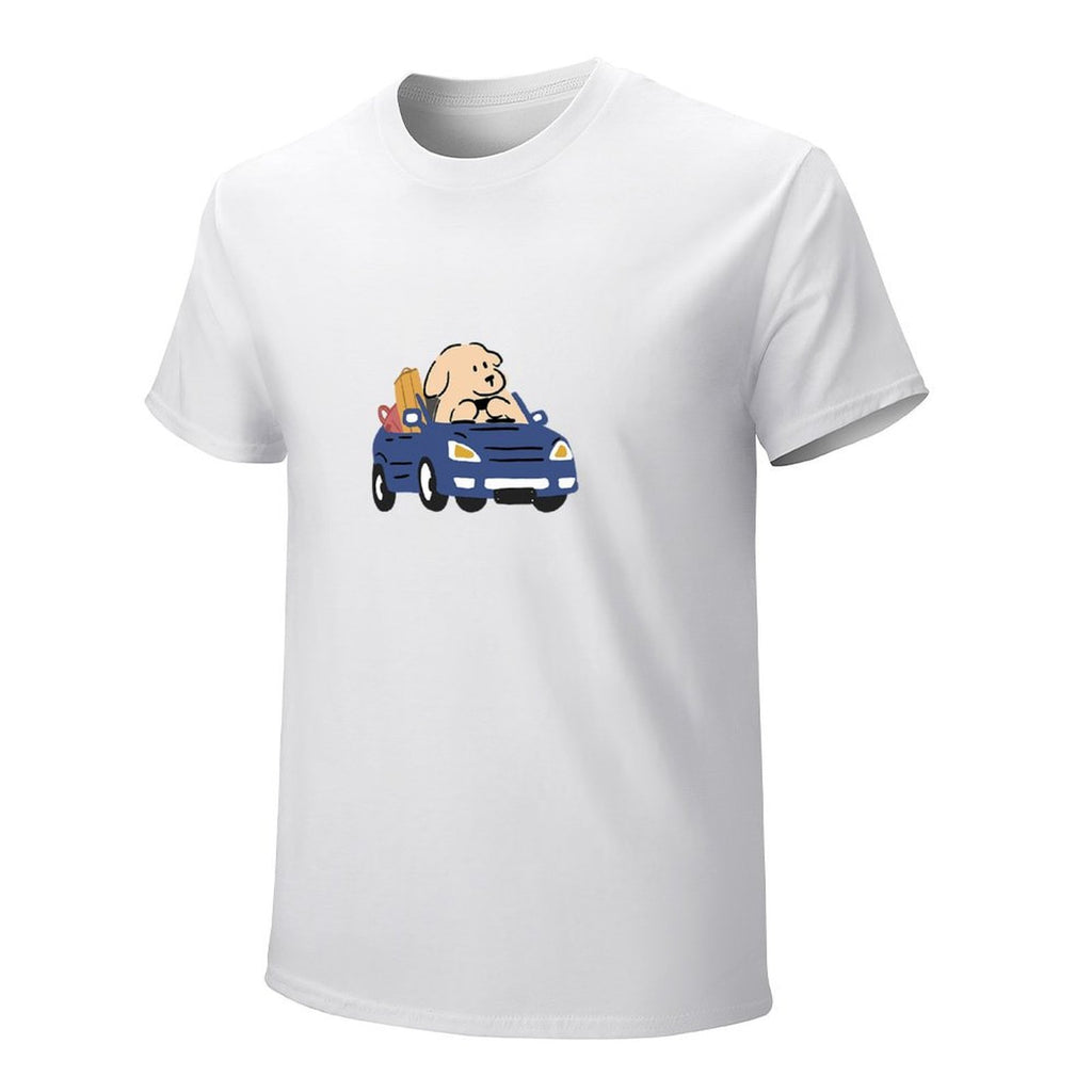 Cartoon Dog Driving Graphic White T-Shirt