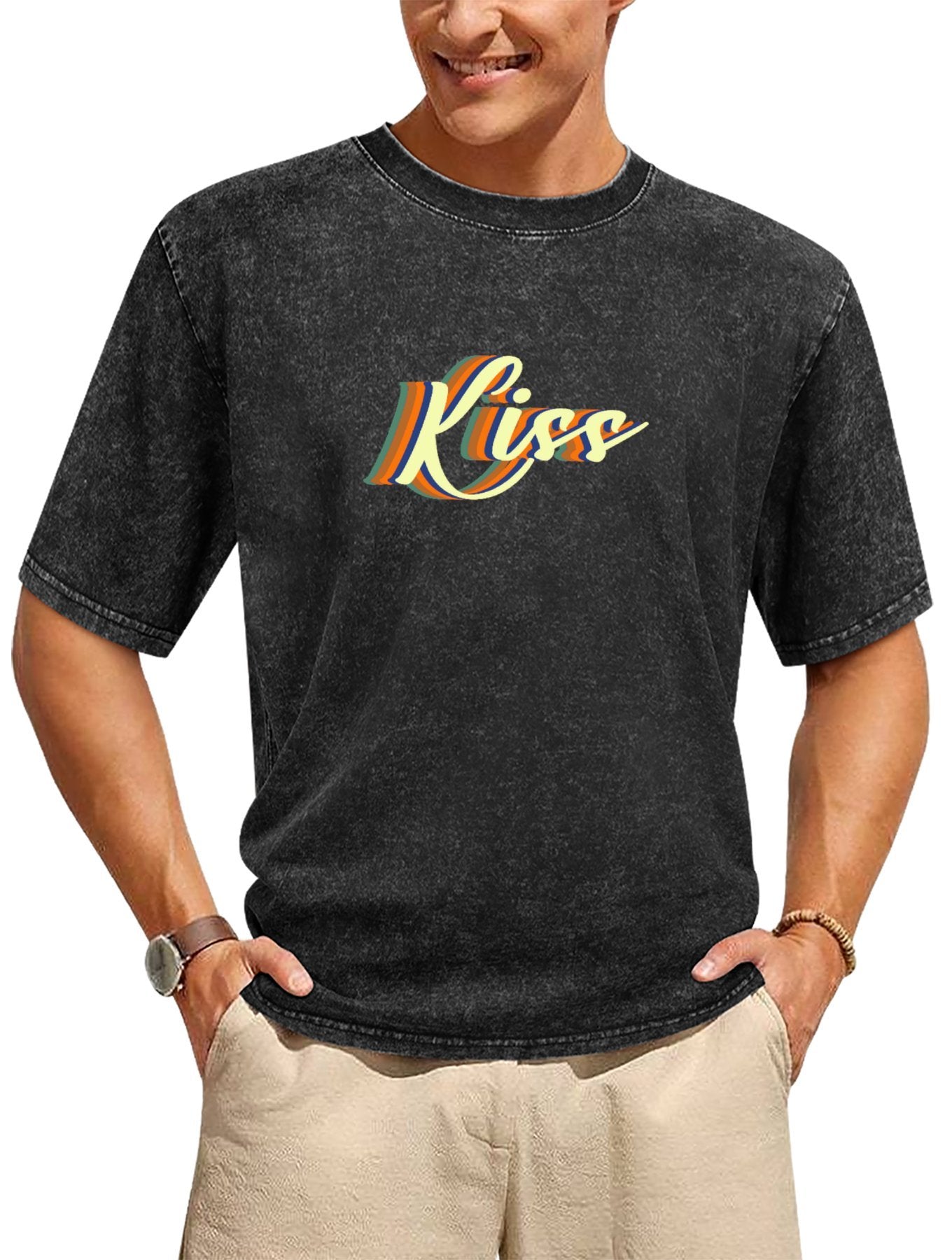 Kiss Retro Lettering Vintage Washed T-Shirt