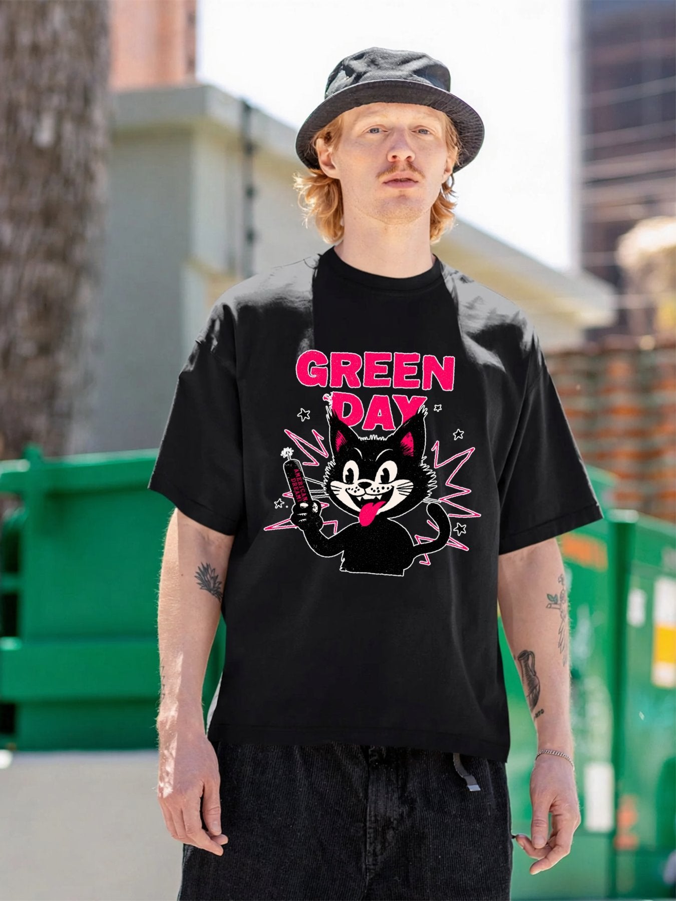Green Day Cartoon Cat Punk Graphic T-Shirt