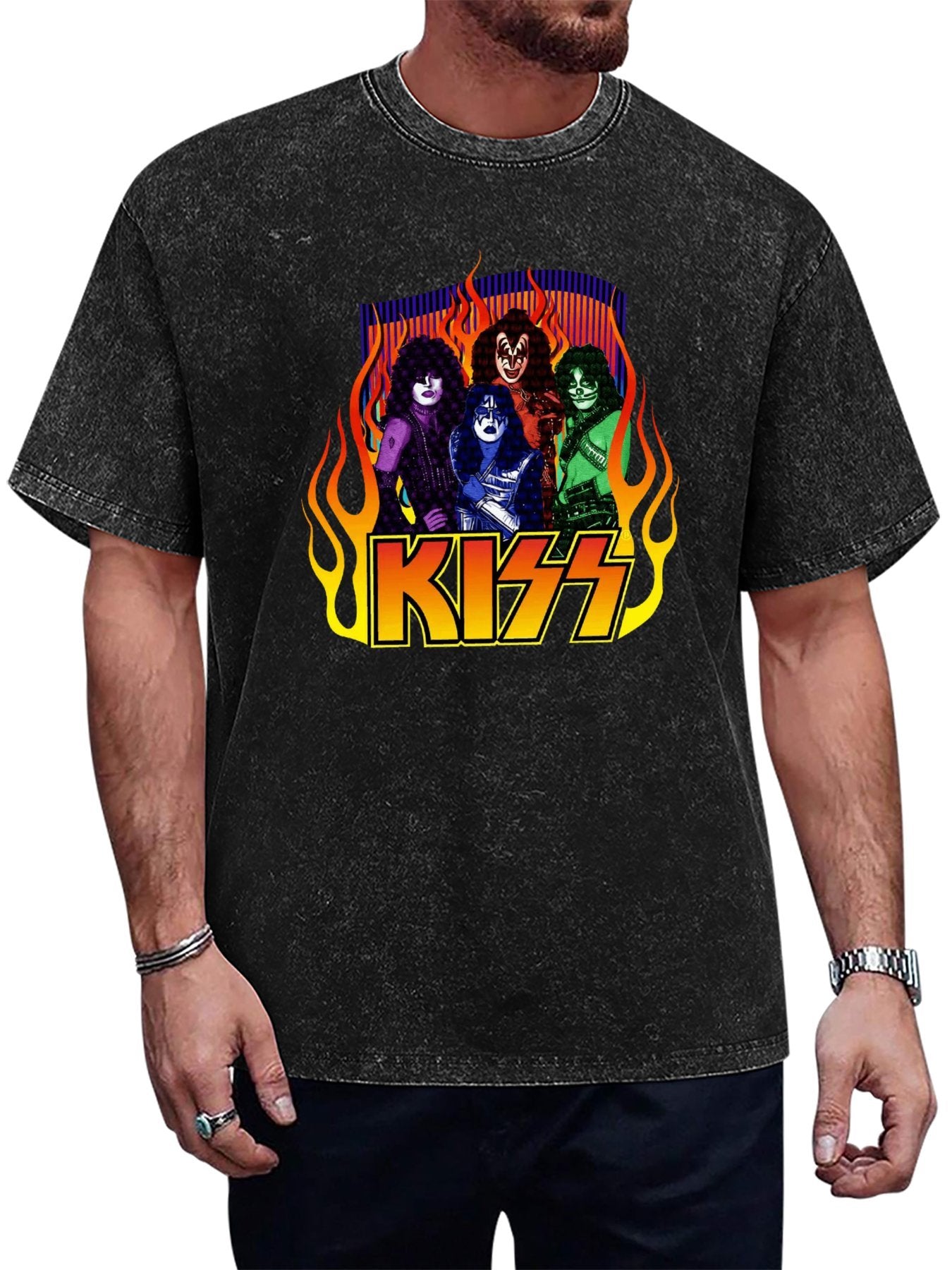 Vintage Washed KISS Colorful Flame Band Graphic T-Shirt Main image